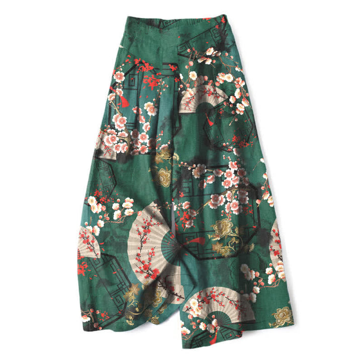 Buddha Stones Cotton Linen Oriental Floral Fan Pattern Women's Elastic Waist Wide Leg Pants With Pockets - DarkGreen - US16，UK/AU20，EU48 (3XL) - image 0