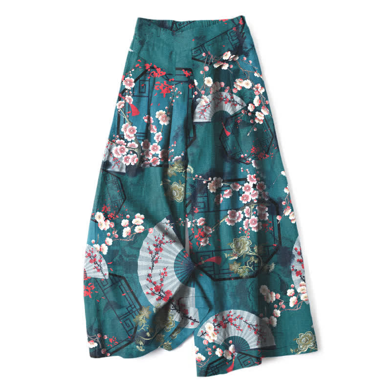 Buddha Stones Cotton Linen Oriental Floral Fan Pattern Women's Elastic Waist Wide Leg Pants With Pockets - Teal - US16，UK/AU20，EU48 (3XL) - image 5