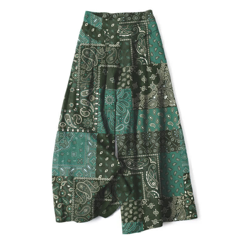 Buddha Stones Cotton Linen Vintage Paisley Patchwork Pattern Women's Elastic Waist Wide Leg Pants With Pockets - DarkOliveGreen - US16，UK/AU20，EU48 (3XL) - image 5