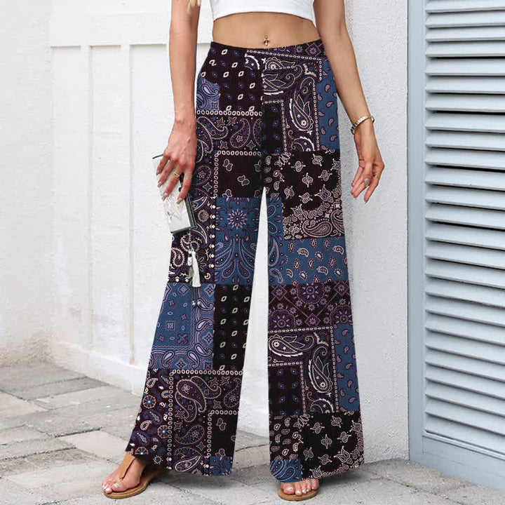 Buddha Stones Cotton Linen Vintage Paisley Patchwork Pattern Women's Elastic Waist Wide Leg Pants With Pockets - image 8