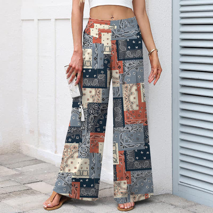Buddha Stones Cotton Linen Patchwork Paisley Pattern Women's Elastic Waist Wide Leg Pants With Pockets - image 1