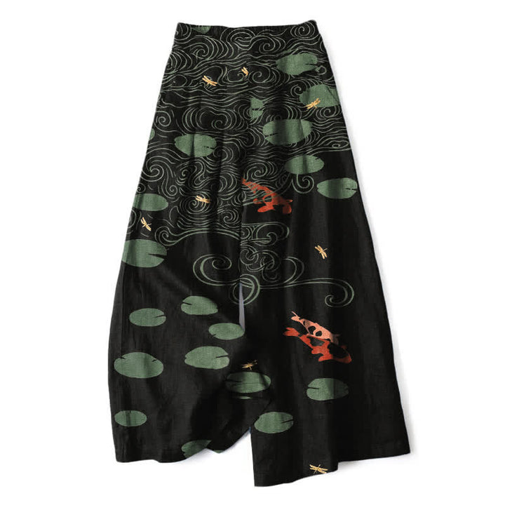 Buddha Stones Cotton Linen Lotus Leaf Koi Fish Ripple Pattern Women's Elastic Waist Wide Leg Pants With Pockets - Black - US16，UK/AU20，EU48 (3XL) - image 0