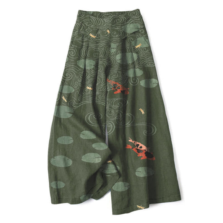 Buddha Stones Cotton Linen Lotus Leaf Koi Fish Ripple Pattern Women's Elastic Waist Wide Leg Pants With Pockets - DarkOliveGreen - US16，UK/AU20，EU48 (3XL) - image 5