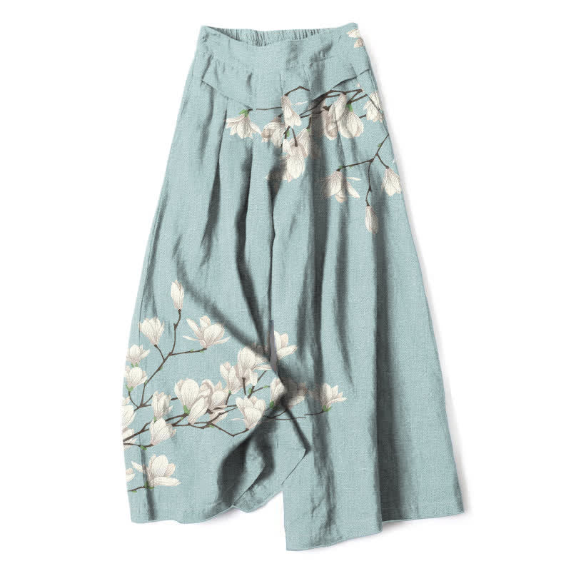 Buddha Stones Cotton Linen Vintage Floral Pattern Women's Elastic Waist Wide Leg Pants With Pockets - PaleTurquoise - US16，UK/AU20，EU48 (3XL) - image 0