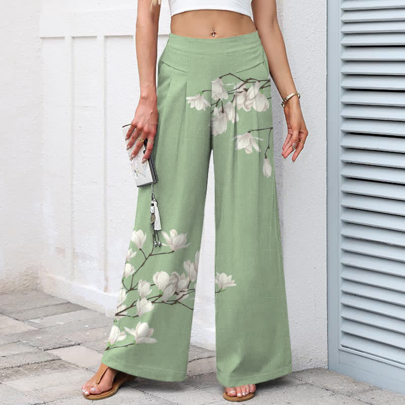 Buddha Stones Cotton Linen Vintage Floral Pattern Women's Elastic Waist Wide Leg Pants With Pockets - image 6
