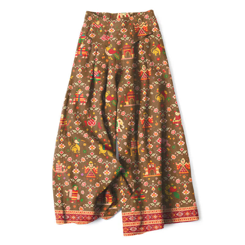 Buddha Stones Cotton Linen Bohemian Geometric Pattern Women's Elastic Waist Wide Leg Pants With Pockets - DarkGoldenrod - US16，UK/AU20，EU48 (3XL) - image 7