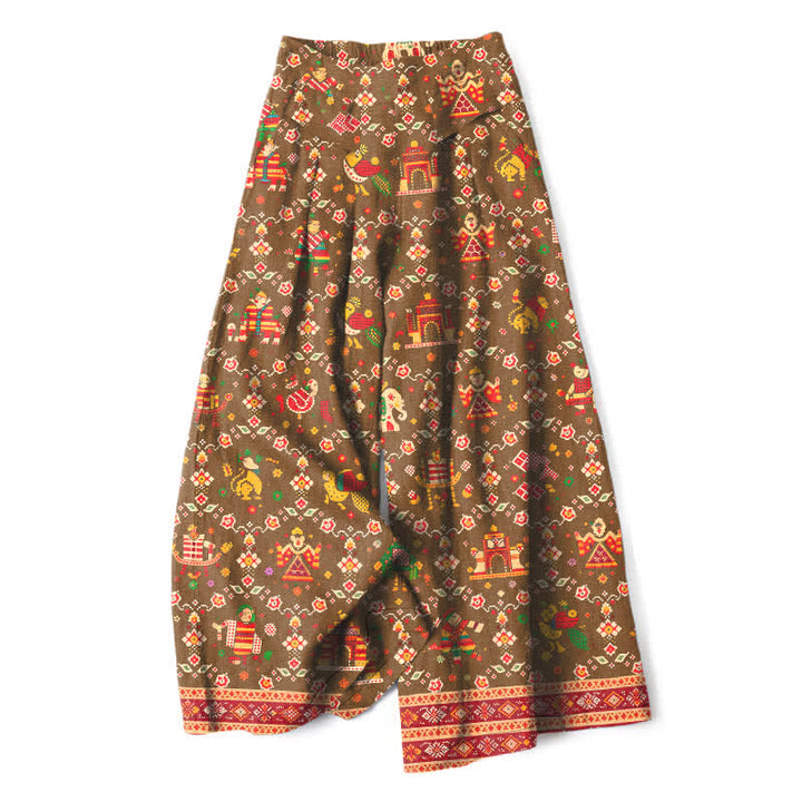 Buddha Stones Cotton Linen Bohemian Geometric Pattern Women's Elastic Waist Wide Leg Pants With Pockets - DarkGoldenrod - US16，UK/AU20，EU48 (3XL) - image 7