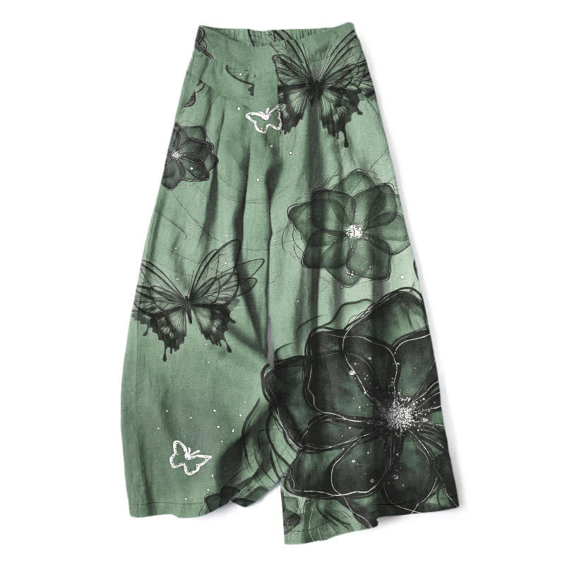 Buddha Stones Cotton Linen Butterfly Floral Pattern Women's Elastic Waist Wide Leg Pants With Pockets - MediumAquamarine - US16，UK/AU20，EU48 (3XL) - image 0