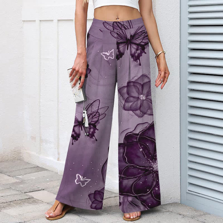 Buddha Stones Cotton Linen Butterfly Floral Pattern Women's Elastic Waist Wide Leg Pants With Pockets - image 6