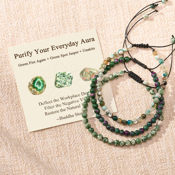 Buddha Stones 3pcs "Purify Your Everyday Aura" Fire Agate Balance Bracelet Includes Gift Message Card - Fire Agate Green Spot Jasper Unakite - 6.3–6.7 in (16–17 cm) - image 0
