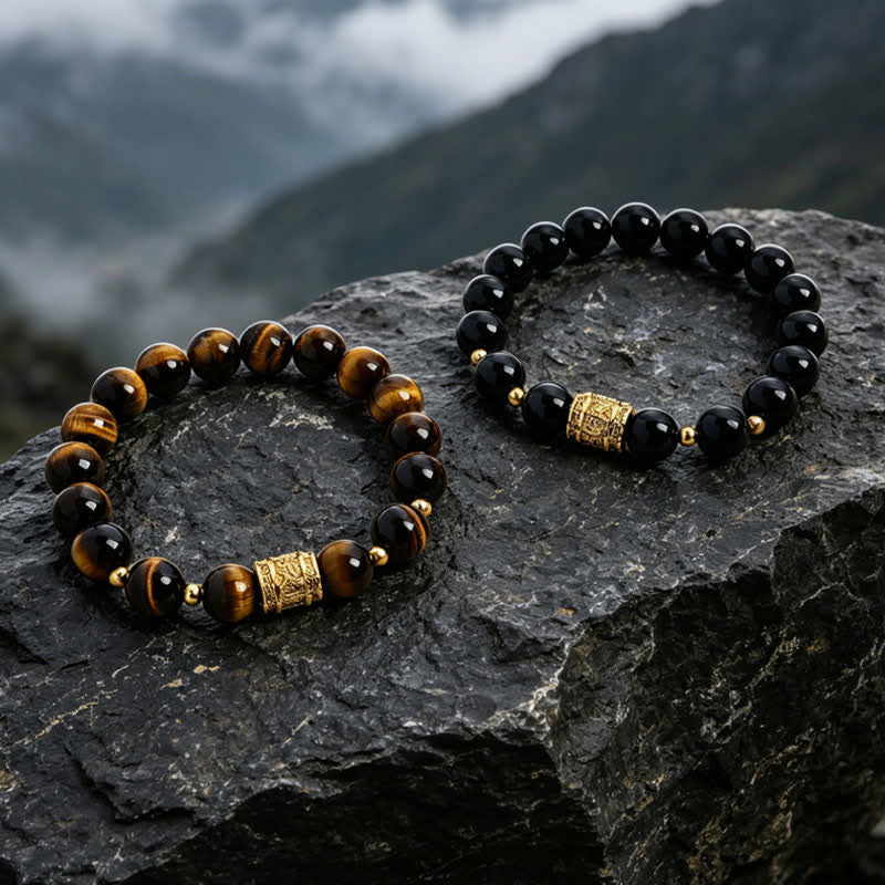 Buddha Stones Tiger Eye Black Obsidian Courage Beads Bracelet - image 18