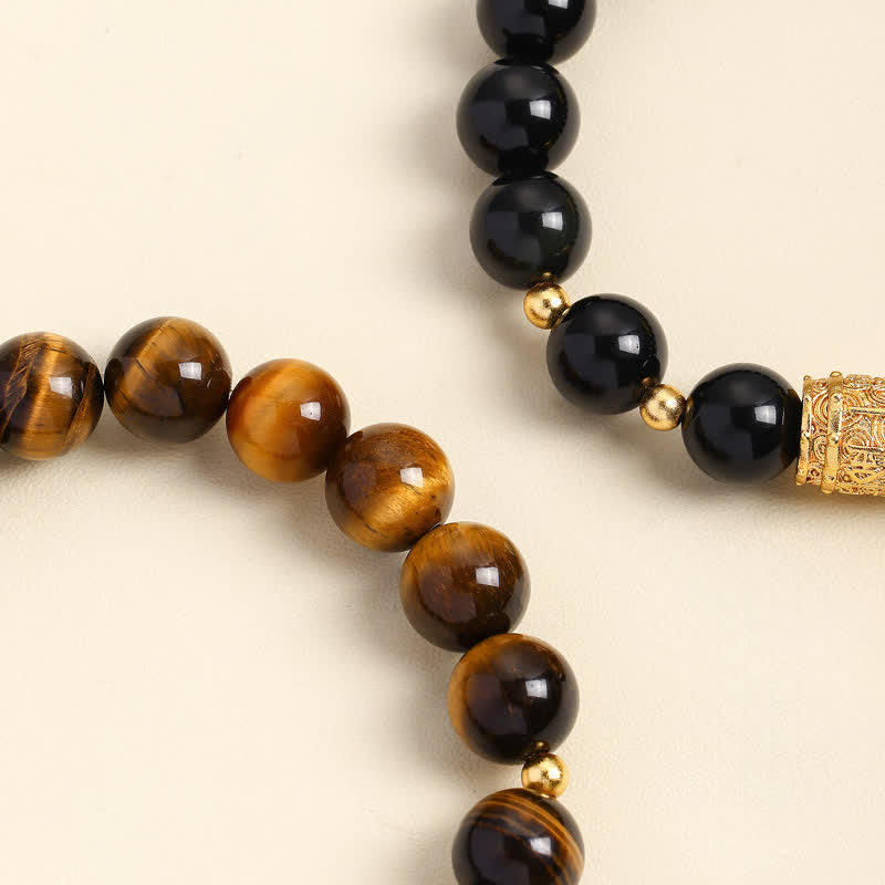 Buddha Stones Tiger Eye Black Obsidian Courage Beads Bracelet - image 20