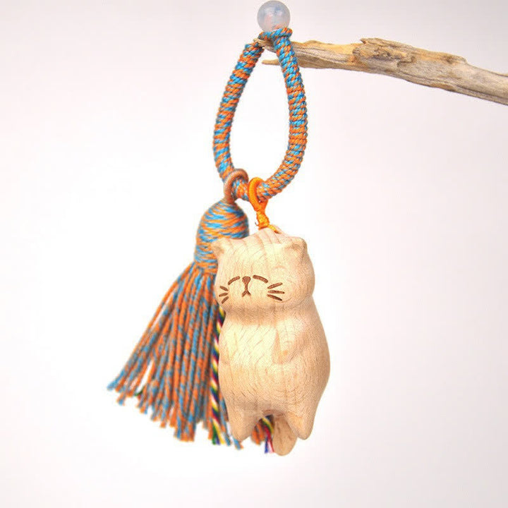 Buddha Stones Hand-Carved Light Wood Lucky Cat Tassel Grounding Keychains - Blue Lazy Cat - image 25