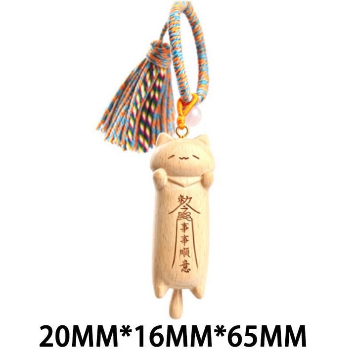 Buddha Stones Hand-Carved Light Wood Lucky Cat Tassel Grounding Keychains - Blue Long Cat - image 26
