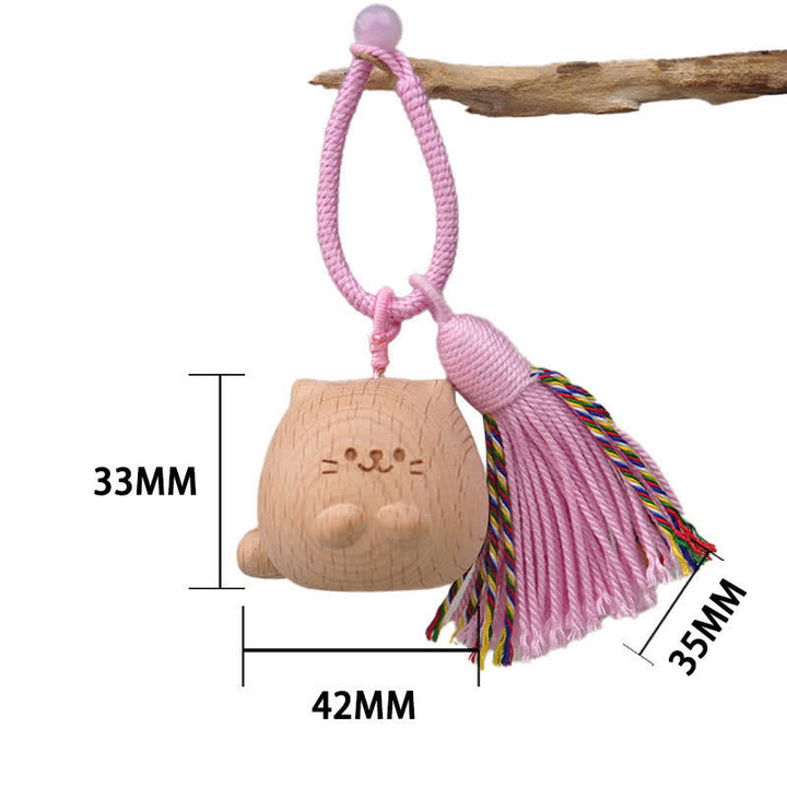 Buddha Stones Hand-Carved Light Wood Lucky Cat Tassel Grounding Keychains - Pink Chubby Cat - image 1