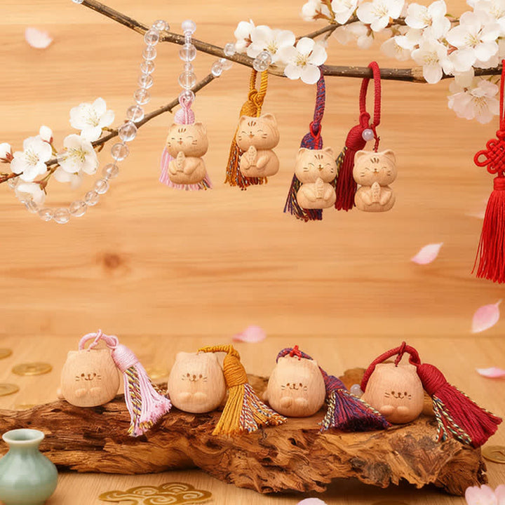 Buddha Stones Hand-Carved Light Wood Lucky Cat Tassel Grounding Keychains - image 42