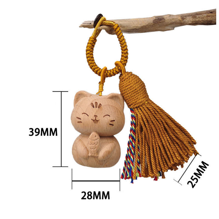 Buddha Stones Hand-Carved Light Wood Lucky Cat Tassel Grounding Keychains - Brown Cat Eating Fish - image 17