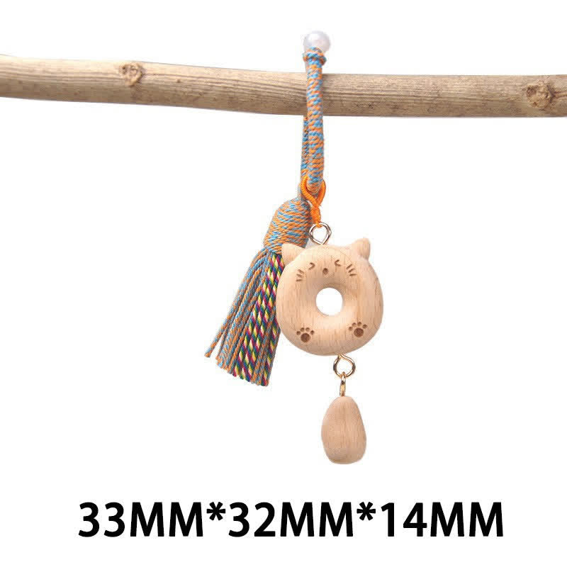 Buddha Stones Hand-Carved Light Wood Lucky Cat Tassel Grounding Keychains - Blue Ringed Cat - image 22