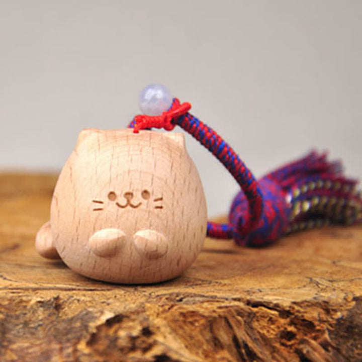 Buddha Stones Hand-Carved Light Wood Lucky Cat Tassel Grounding Keychains - image 4