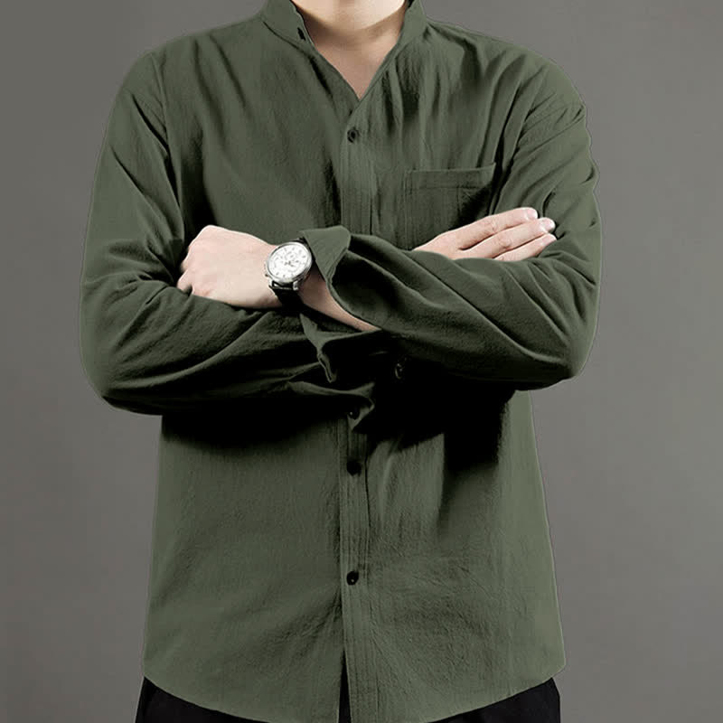 Buddha Stones Men's Long Sleeve Shirt With Pocket Stand Collar Comfort Shirt - image 6