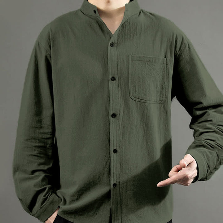 Buddha Stones Men's Long Sleeve Shirt With Pocket Stand Collar Comfort Shirt - image 7