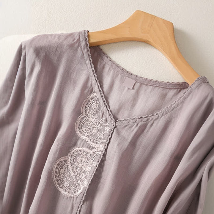 Buddha Stones Casual Embroidered Pattern Women's V-neck Design Half Sleeve T-shirt - image 2