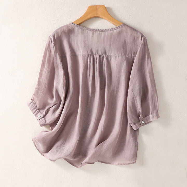 Buddha Stones Casual Embroidered Pattern Women's V-neck Design Half Sleeve T-shirt - image 1