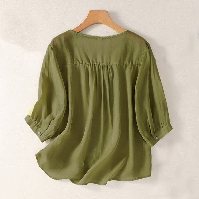 Buddha Stones Casual Embroidered Pattern Women's V-neck Design Half Sleeve T-shirt - image 17