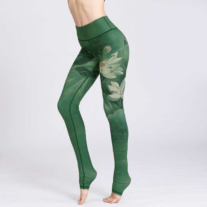 Buddha Stones Lotus Flower Print Design Pants Sports Fitness Yoga Leggings Women's Yoga Pants - Green Lotus - US8-10，UK/AU12-14，EU40-42 (XL) - image 0