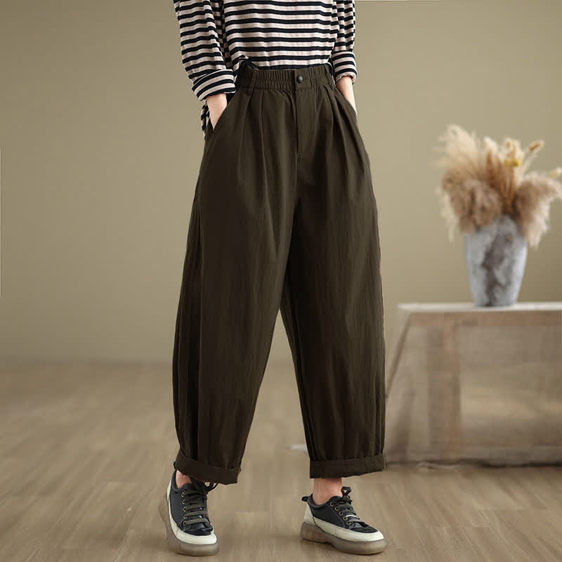Buddha Stones Casual Solid Color One Top Button Elastic Waistband Women's Pants With Pockets - SaddleBrown - US8-10，UK/AU12-14，EU40-42 (2XL) - image 0