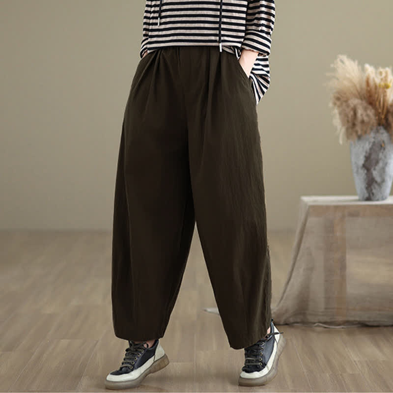 Buddha Stones Casual Solid Color One Top Button Elastic Waistband Women's Pants With Pockets - image 2