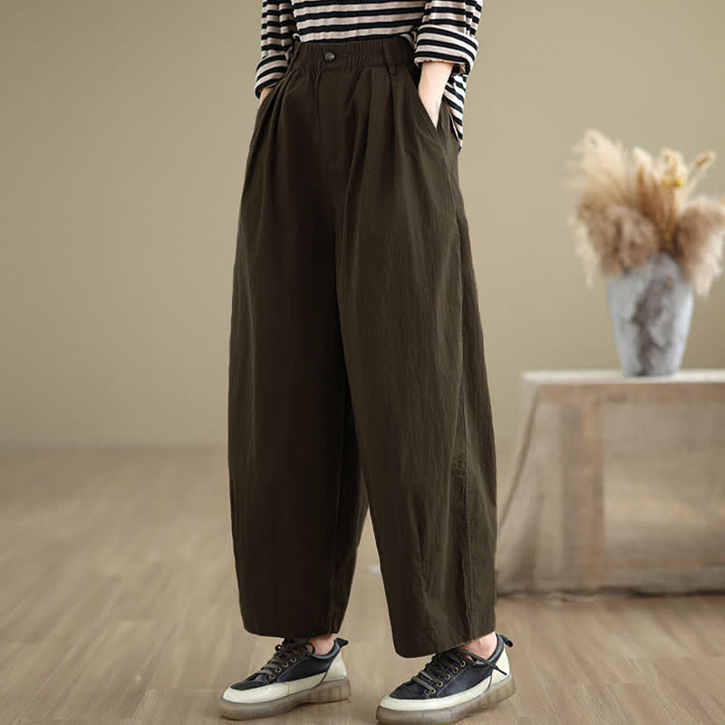 Buddha Stones Casual Solid Color One Top Button Elastic Waistband Women's Pants With Pockets - image 5