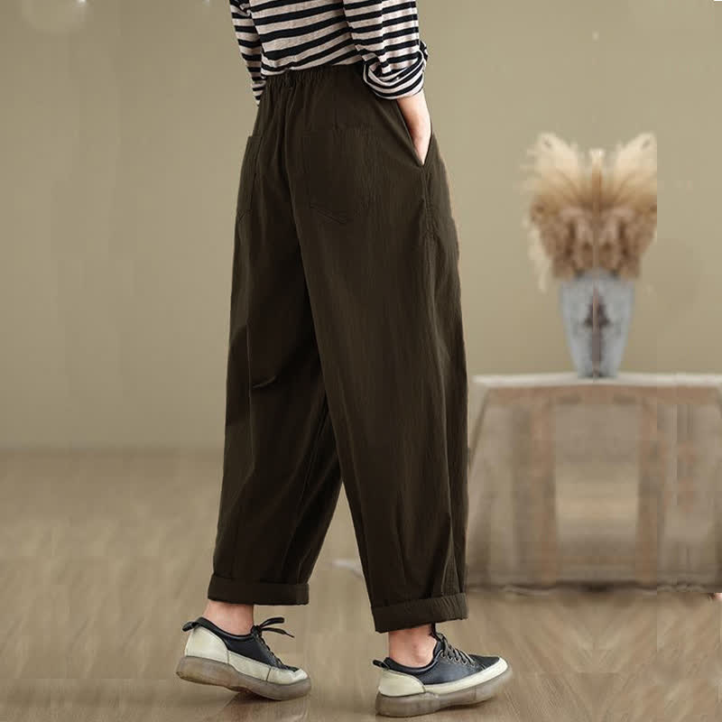 Buddha Stones Casual Solid Color One Top Button Elastic Waistband Women's Pants With Pockets - image 4