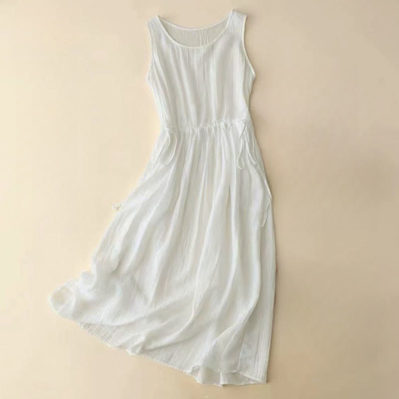 Buddha Stones Casual Plain Handmade Drawstring Waist Midi Dress Sleeveless Dress With Pockets - White - US8-10，UK/AU12-14，EU40-42 (2XL) - image 8