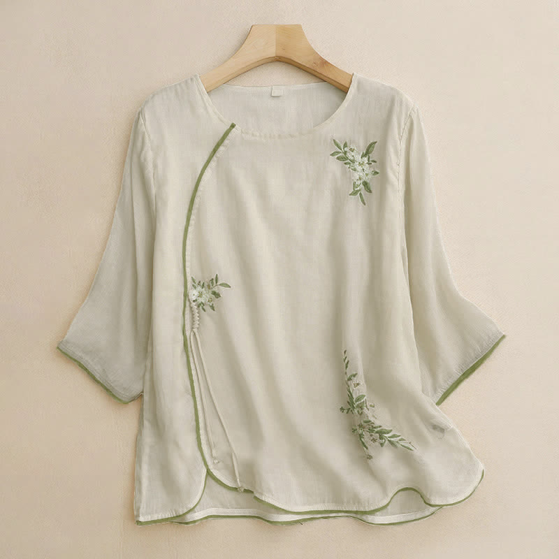 Buddha Stones Beige Floral Green Leaf Embroidery Crew Neck Three Quarter Sleeve Women's Shirt - Beige - US12，UK/AU16，EU44 (2XL) - image 0