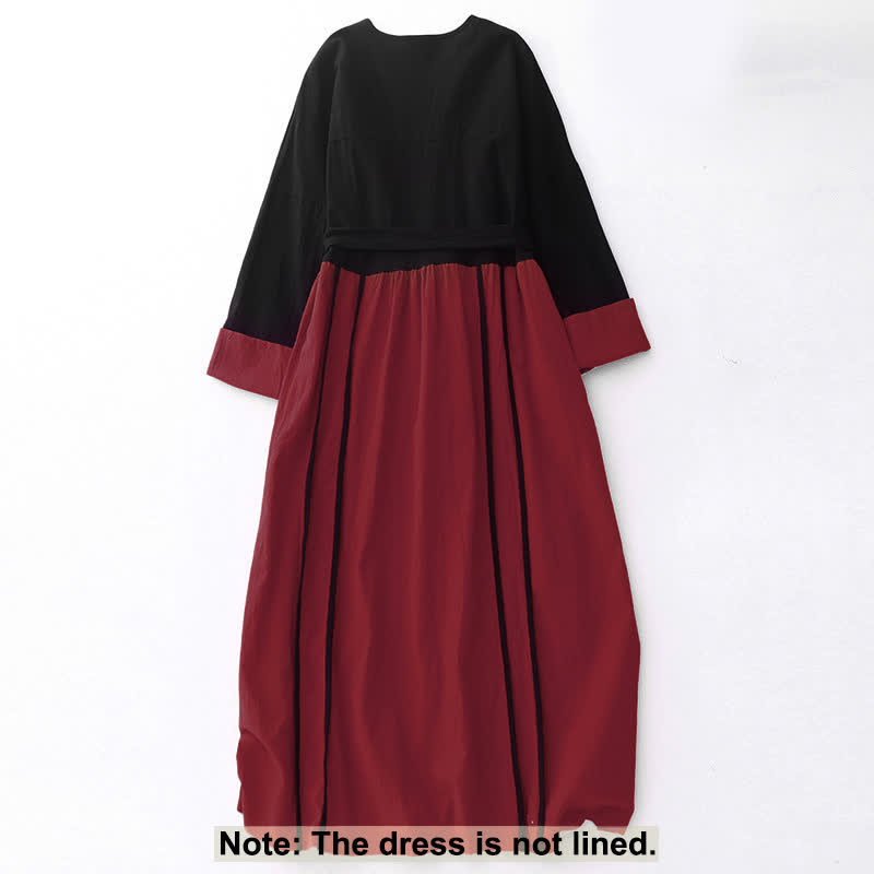 Buddha Stones Color Block Lace-Up Desgin Women's Long Sleeve Midi Dress With Pockets - image 1