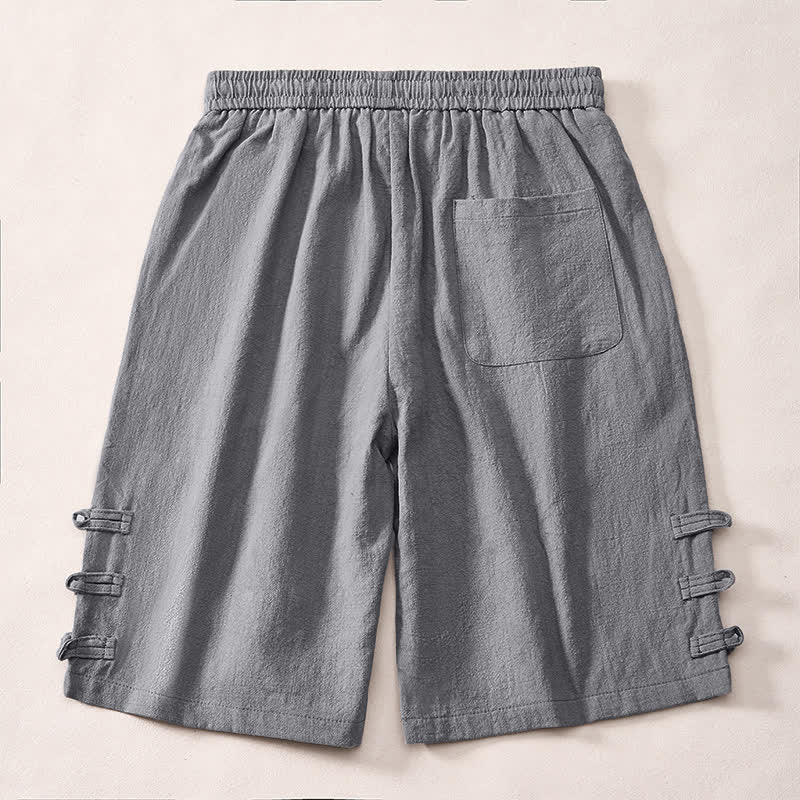 Buddha Stones Summer Casual Minimalist Drawstring Solid Decorative Side Frog Button Men's Shorts With Pockets - image 1
