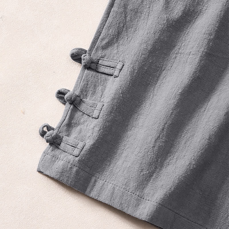 Buddha Stones Summer Casual Minimalist Drawstring Solid Decorative Side Frog Button Men's Shorts With Pockets - image 4