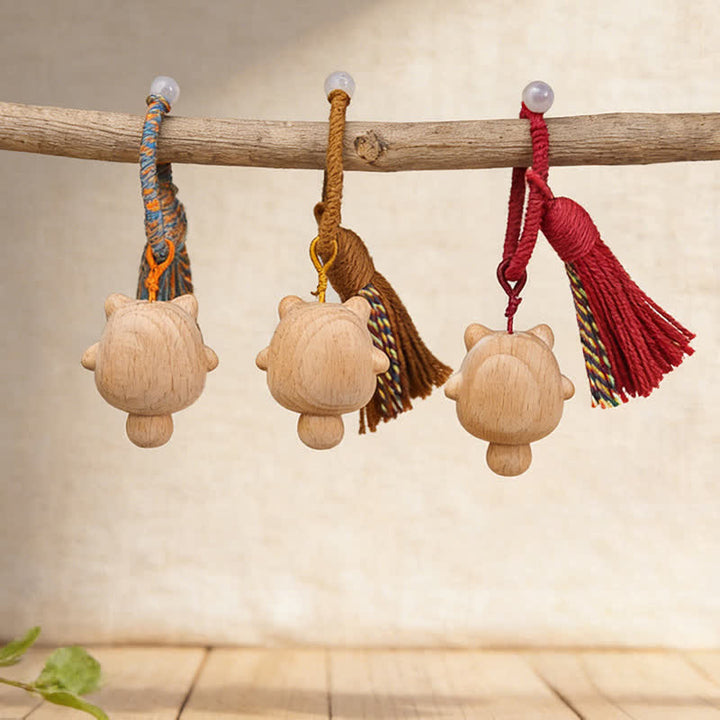 Buddha Stones Hand-Carved Natural Wood Lucky Cat Tassel Balance Keychains - image 8