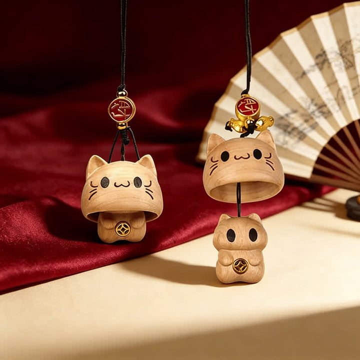 Buddha Stones Carved Natural Peach Wood Cute Cat Balance Keychains - image 2