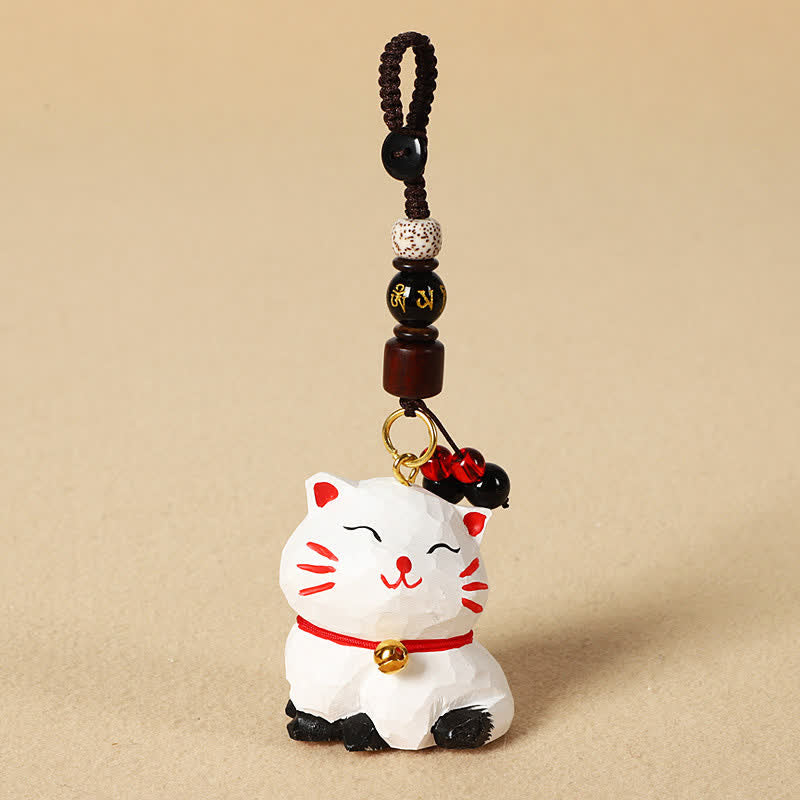 Buddha Stones Carved Wood Cat Om Mani Padme Hum Focus Keychains - Om Mani Padme Hum White Cat - image 8