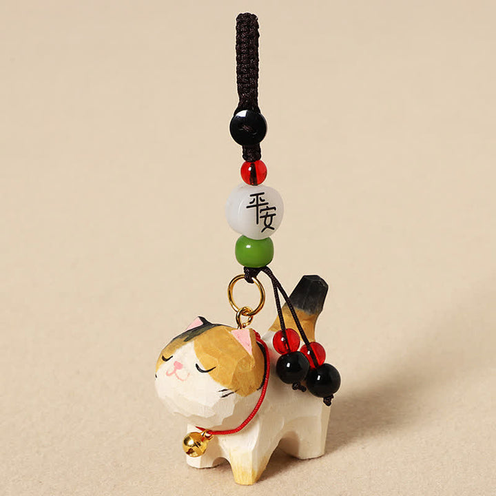Buddha Stones Carved Wood Cat Om Mani Padme Hum Peace Keychains - Peaceful Tricolor Cat - image 9