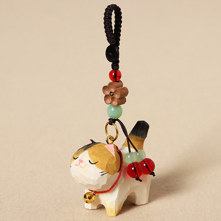 Buddha Stones Carved Wood Cat Om Mani Padme Hum Peace Keychains - Tricolor Cat - image 8