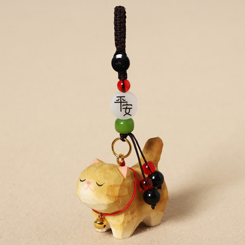 Buddha Stones Carved Wood Cat Om Mani Padme Hum Peace Keychains - Peaceful Yellow Cat - image 4