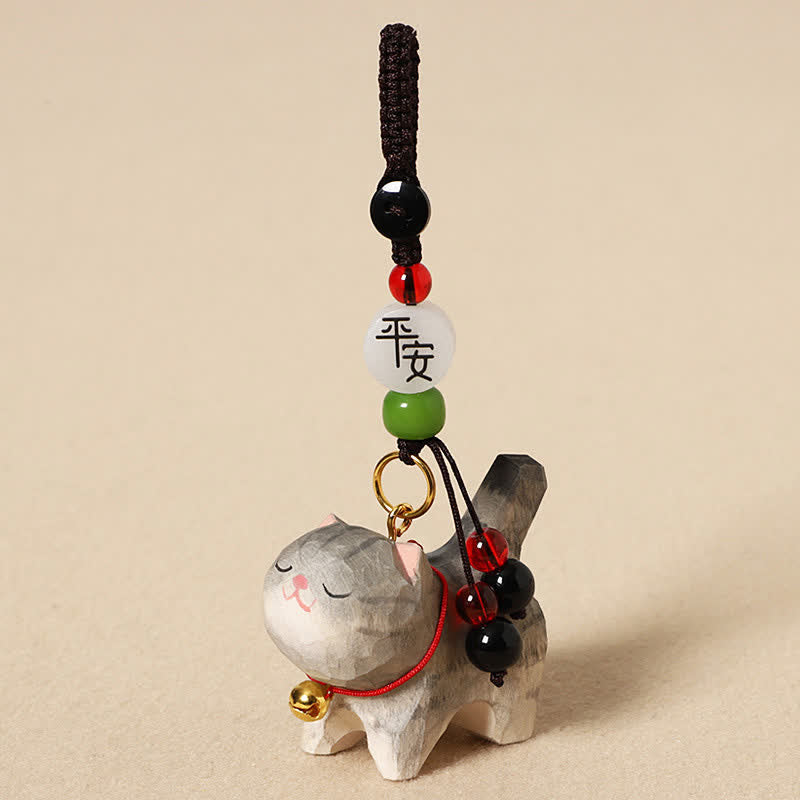 Buddha Stones Carved Wood Cat Om Mani Padme Hum Peace Keychains - Peaceful Gray Cat - image 1