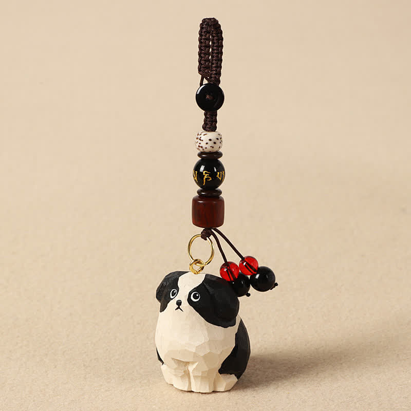 Buddha Stones Carved Wood Dog Om Mani Padme Hum Wisdom Keychains - Om Mani Padme Hum Black And White Dog - image 2
