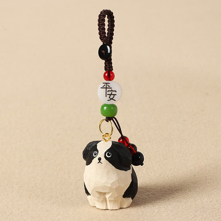 Buddha Stones Carved Wood Dog Om Mani Padme Hum Wisdom Keychains - Safe Black And White Dog - image 1