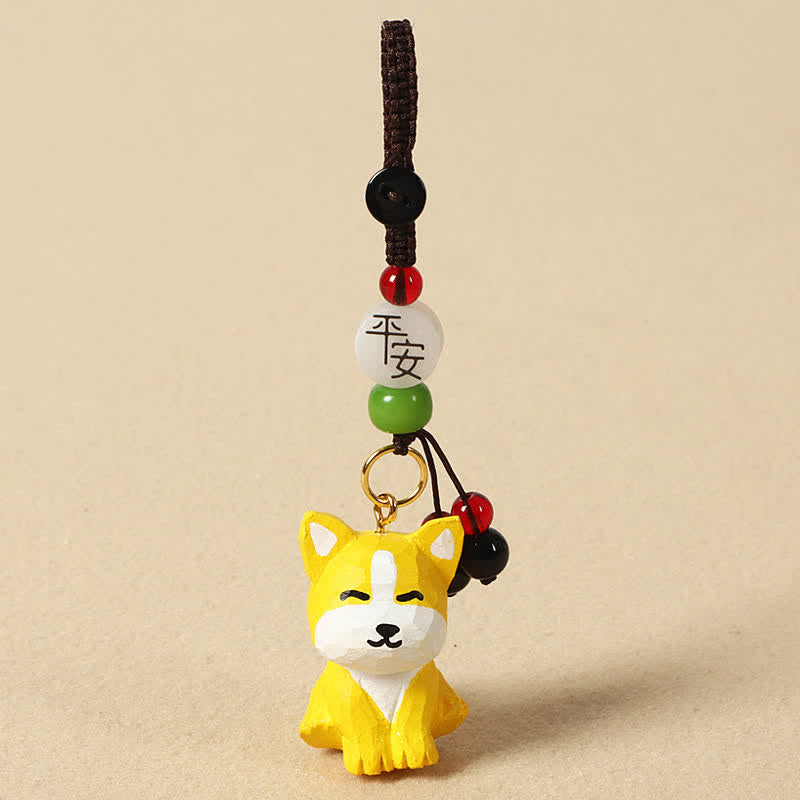 Buddha Stones Carved Wood Dog Om Mani Padme Hum Wisdom Keychains - Safe Yellow Dog - image 4