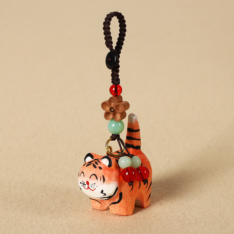 Buddha Stones Carved Wood Tiger Om Mani Padme Hum Focus Keychains - Tiger - image 0