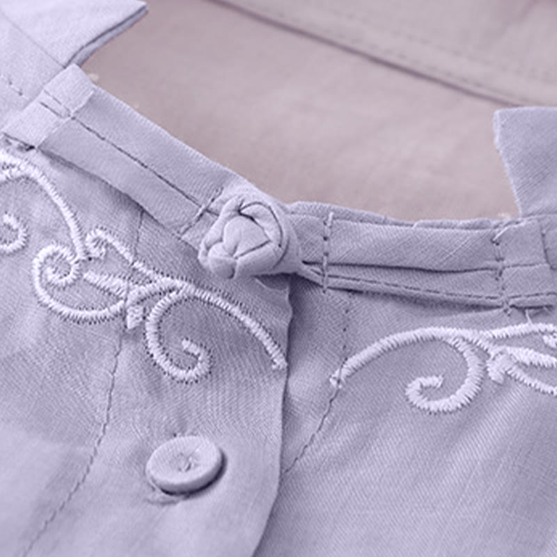 Buddha Stones Summer Casual Elegant Tang Style Vine Embroidery Crew Neck Button-Up Solid Women's Short Sleeve Shirts - image 2
